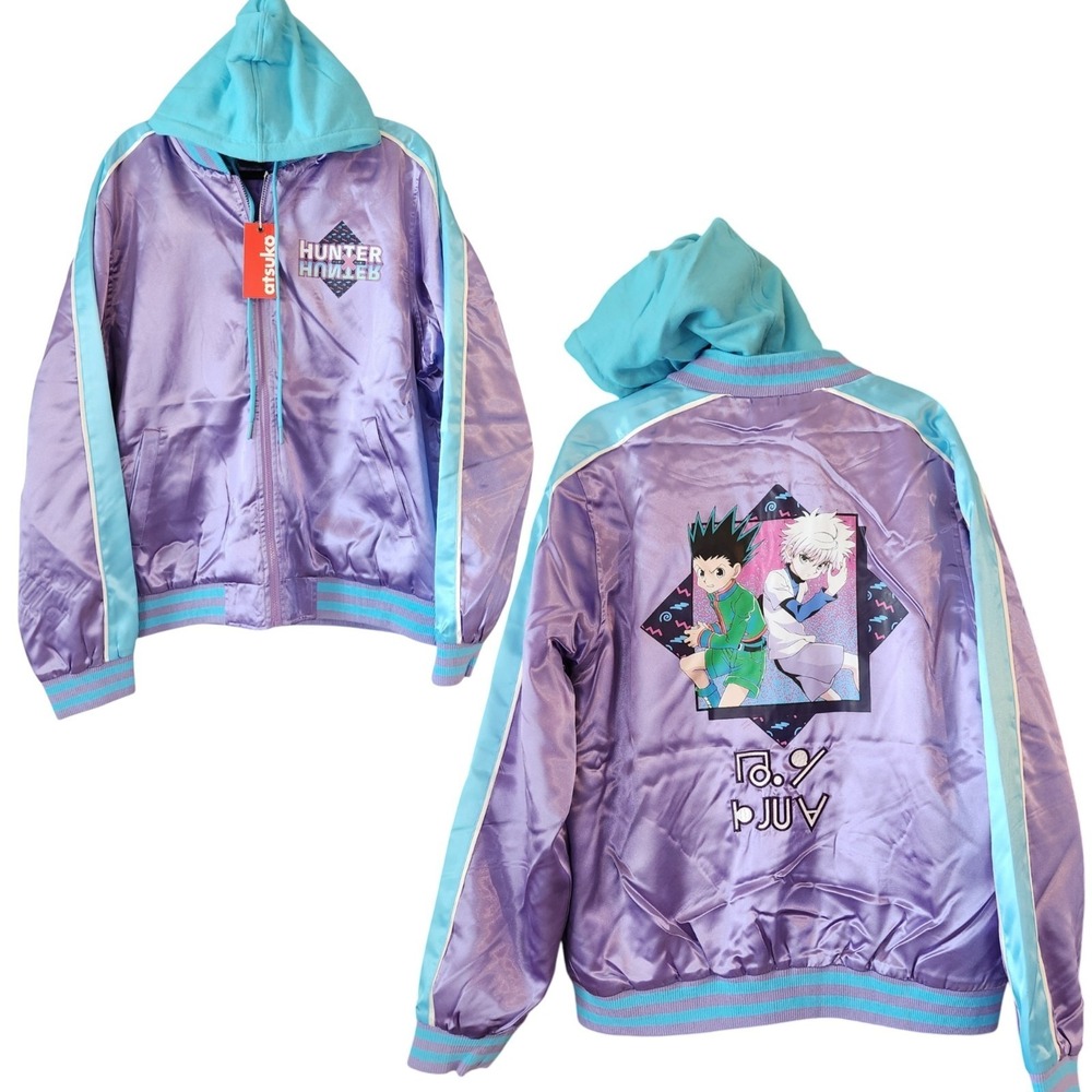 Atsuko Hunter x Hunter Gon & Killua LARGE Purple Hooded Satin Jacket NWT